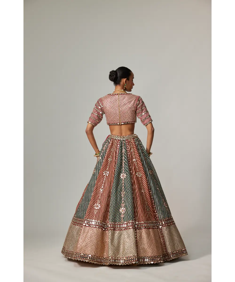 VVANI VATS - Cranberry multicolor Linear Flower Lehenga Set with Jade Green Dupatta